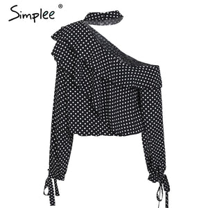 One Shoulder Polka-dot Ruffle Blouse