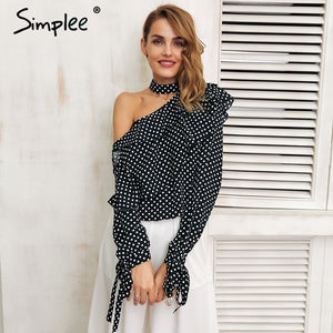 One Shoulder Polka-dot Ruffle Blouse