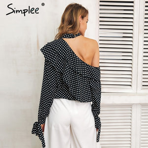 One Shoulder Polka-dot Ruffle Blouse