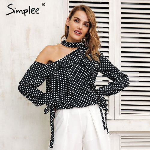 One Shoulder Polka-dot Ruffle Blouse