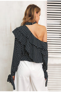 One Shoulder Polka-dot Ruffle Blouse