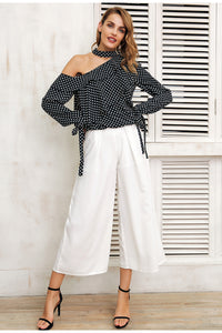 One Shoulder Polka-dot Ruffle Blouse