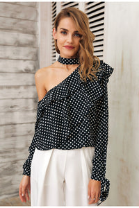 One Shoulder Polka-dot Ruffle Blouse