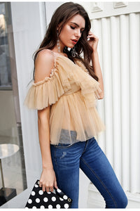 V Neck Strap Boho Mesh Blouse