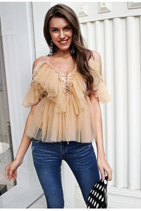 V Neck Strap Boho Mesh Blouse