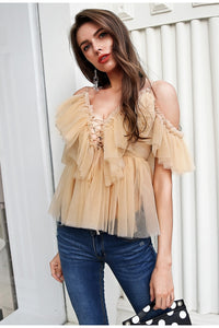 V Neck Strap Boho Mesh Blouse