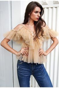 V Neck Strap Boho Mesh Blouse