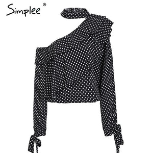 One Shoulder Polka-dot Ruffle Blouse