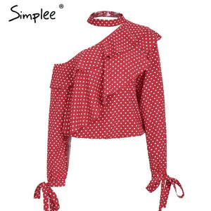 One Shoulder Polka-dot Ruffle Blouse